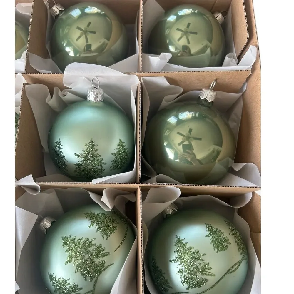 Set of 18 Glass Christmas Ball Ornaments Green Trees & Iridescent Holiday Decor